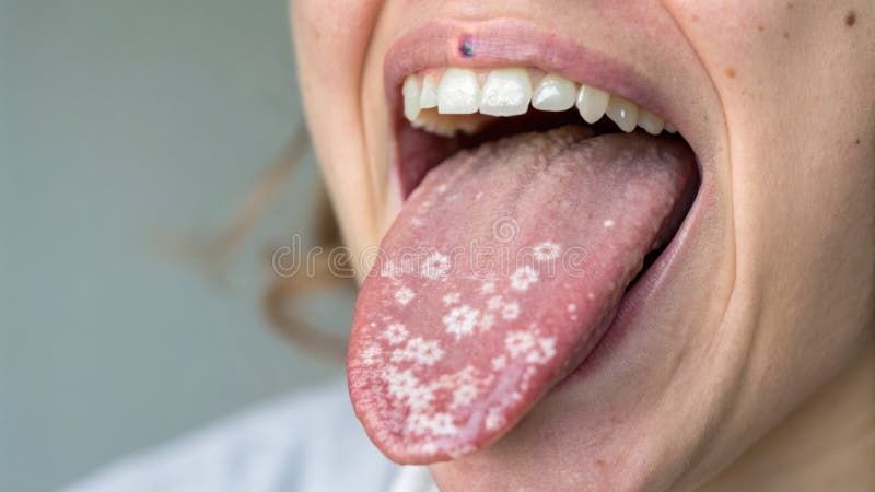 Nærbilde av en tunge med hvite, kartlignende flekker som kjennetegner geografisk tunge.